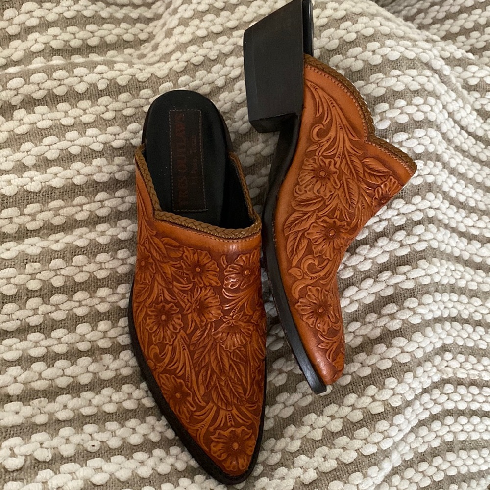 Hand tooled leather mules